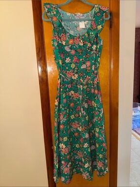 LOFT Green Floral Maxi Dress with Ruffle Shoulders
